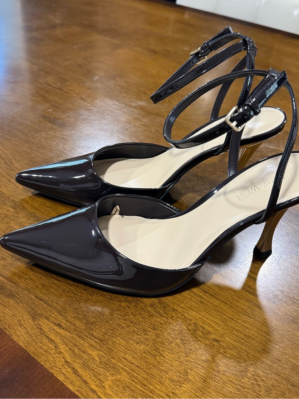 Pointed Patent Ankle-Strap Pumps in Dark Brown by Nine west size 10.5 women.